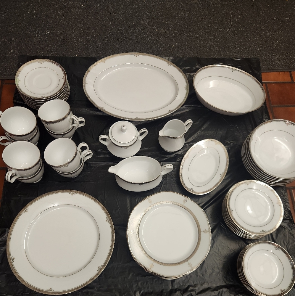 Elegant White and Silver Chinaware Set